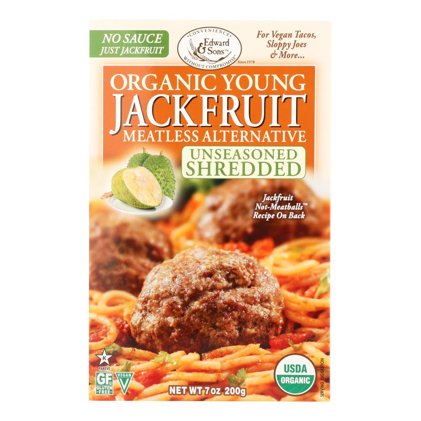 Edward & Sons Unseasoned Shredded Organic Young Jackfruit Meatless Alternative  - Case of 6 - 7 Ounce