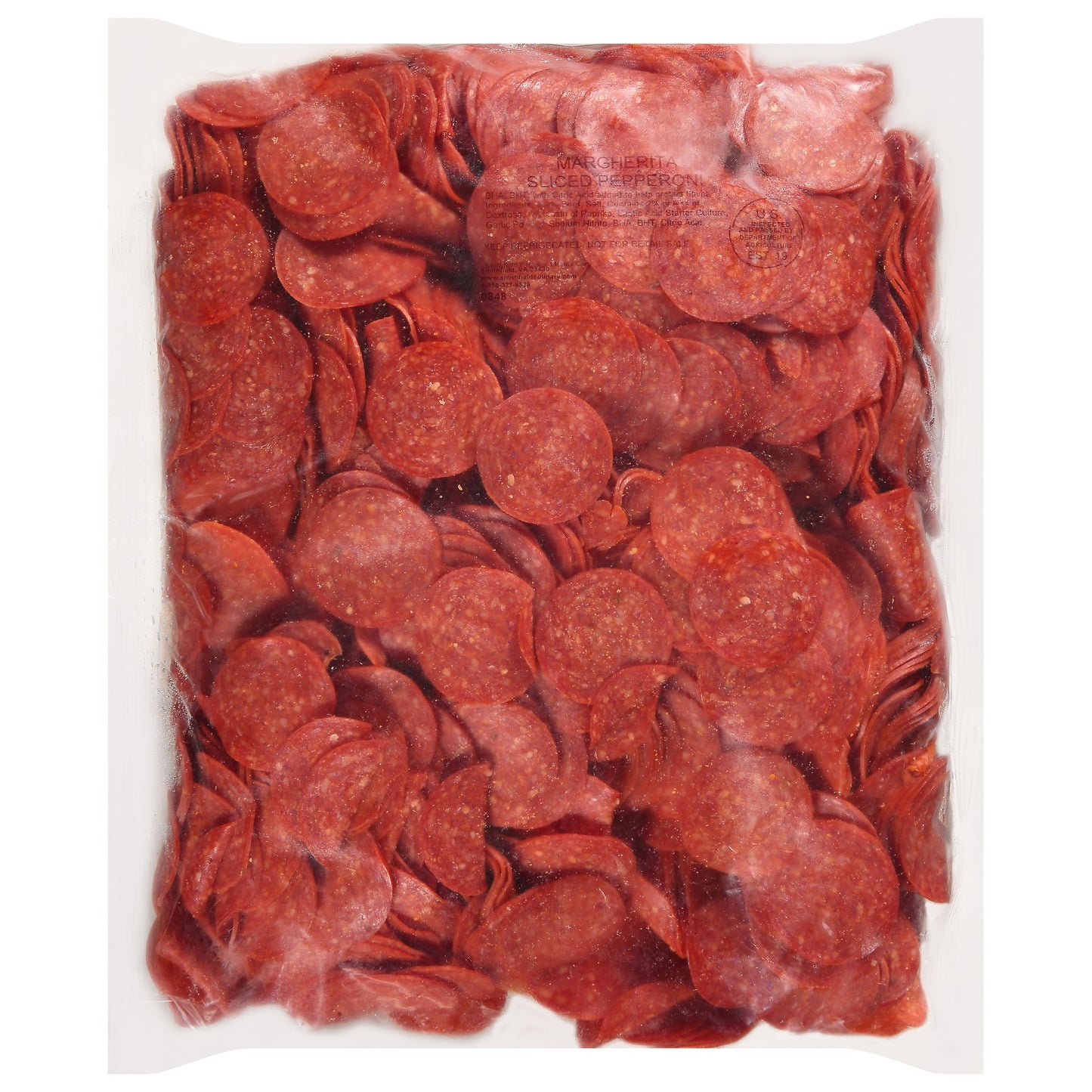 Pepperoni Sliced 5" Diameter Poly Lined 5.037 Pound Each - 2 Per Case.