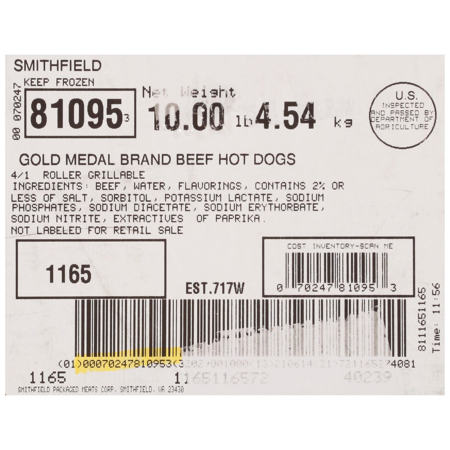 Hot Dog Beef Gold Medal 10 Pound Each - 1 Per Case.