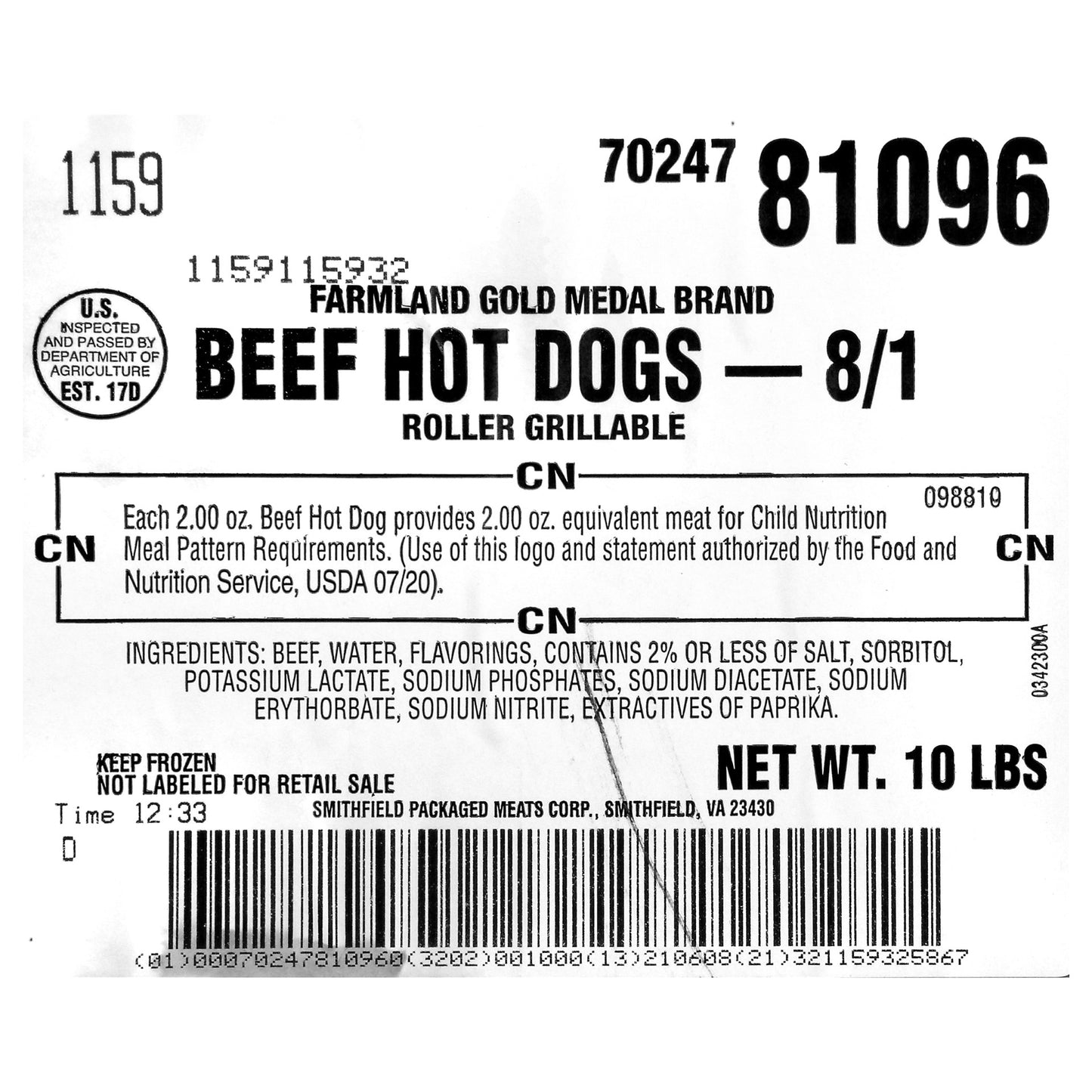 Hot Dog Beef Gold Medal To Child Nutrition 5 Pound Each - 2 Per Case.