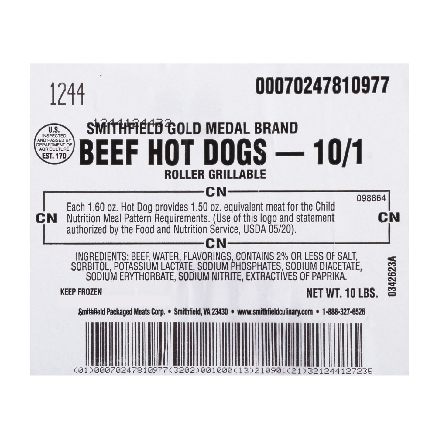 Hot Dog Beef Gold Medal 5 Pound Each - 2 Per Case.