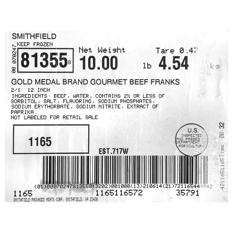 Hotdog Beef Gold Medal Long 10.058 Pound Each - 1 Per Case.