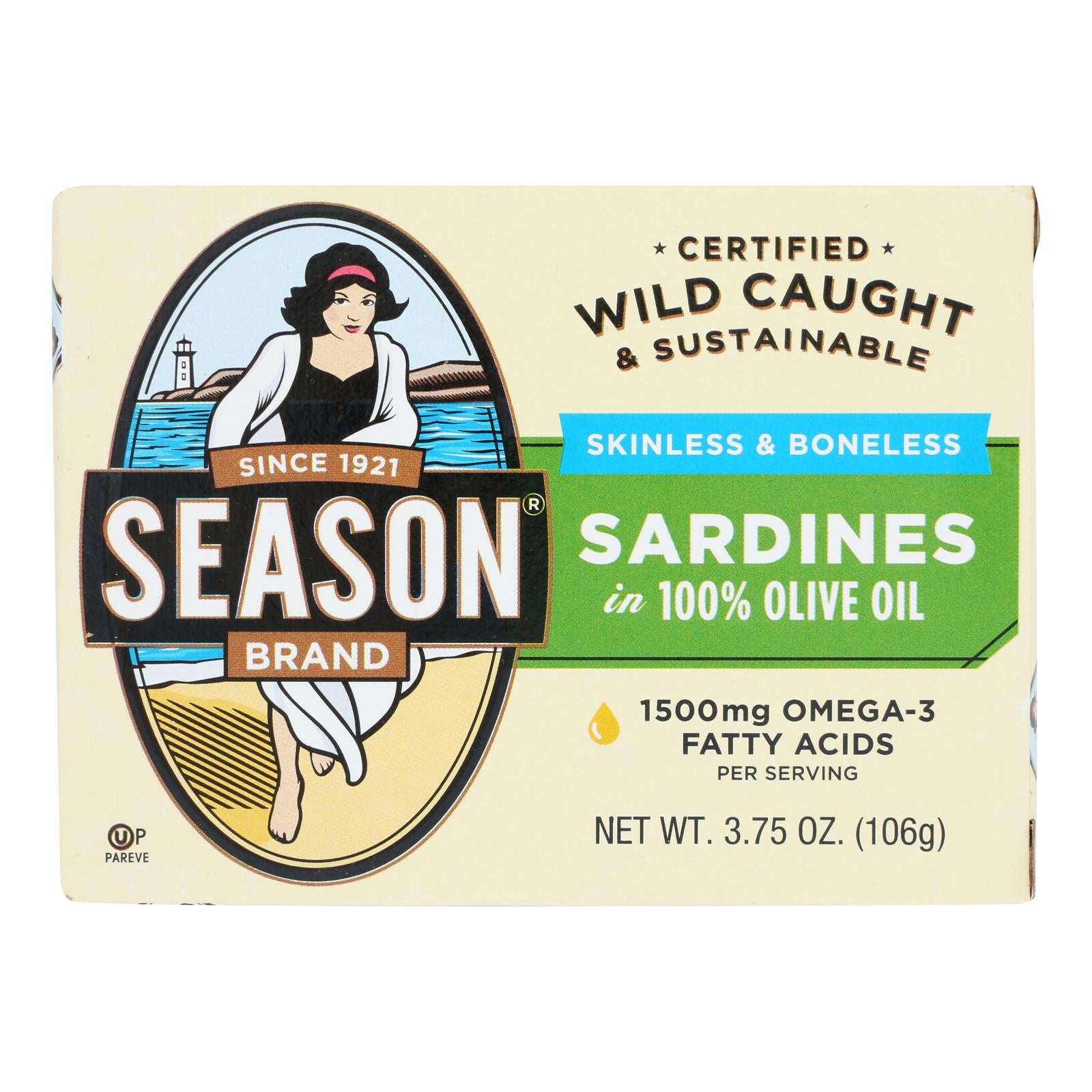 Season Skinless & Boneless Sardines In Pure Olive Oil  - Case of 12 - 3.75 Ounce