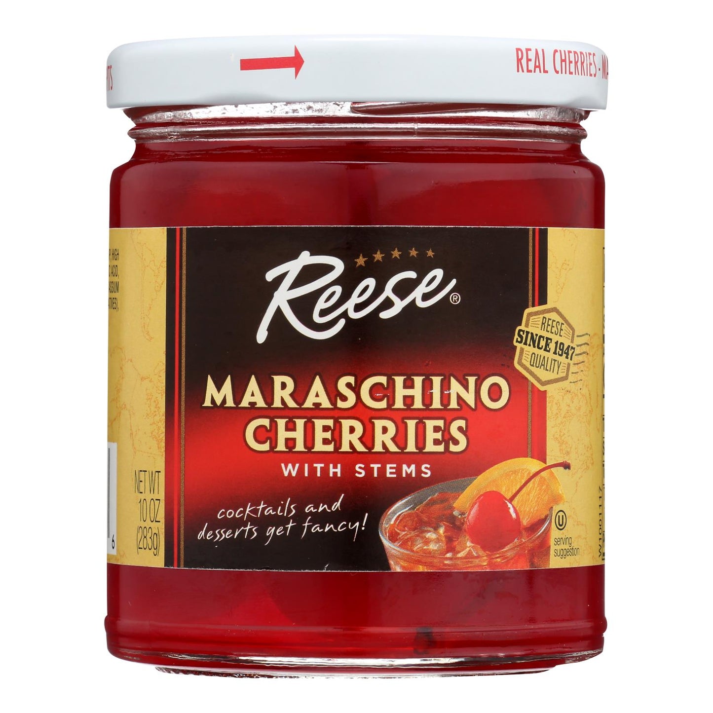 Reese Red Maraschino Cherries with Stems - Case of 12 - 10 Ounce.