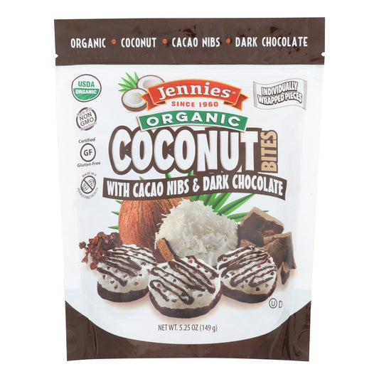 Jennies Coconut Bites - Organic - Cacao Chocolate - Case of 6 - 5.25 Ounce