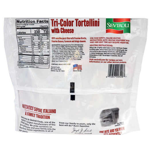 Seviroli Foods Pasta Tri-Color Cheese Tortellini 14 Ounce Size - 12 Per Case.