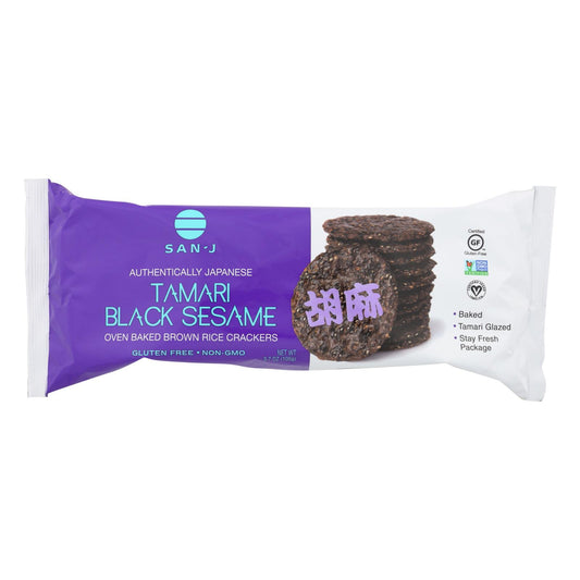 San - J Brown Rice Crackers - Black Sesame - Case of 12 - 3.7 Ounce.