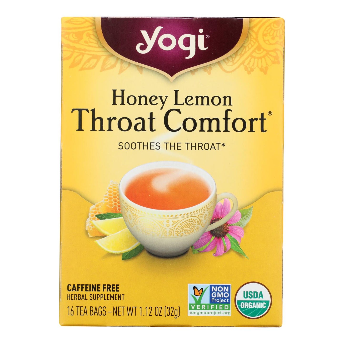 Yogi Throat Comfort Herbal Tea Caffeine Free Honey Lemon - 16 Tea Bags - Case of 6