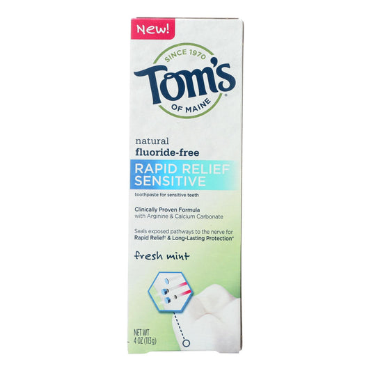 Tom's of Maine Rapid Relief Sensitive Toothpaste - Fresh Mint Fluoride-Free - Case of 6 - 4 Ounce.