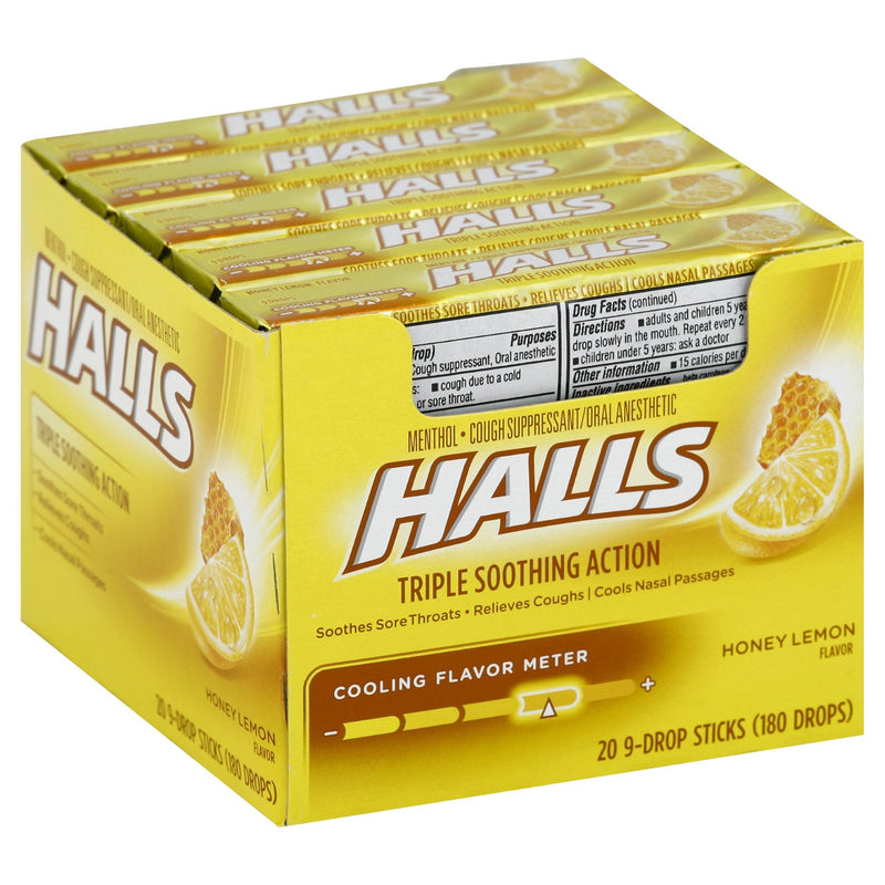 Halls Cough Drops Honey Lemon Piece 9 Count Packs - 480 Per Case.