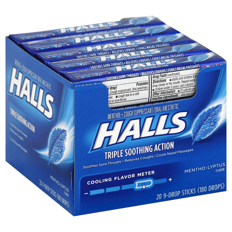 Halls Cough Drops Mentho Lyptus Piece 9 Count Packs - 480 Per Case.