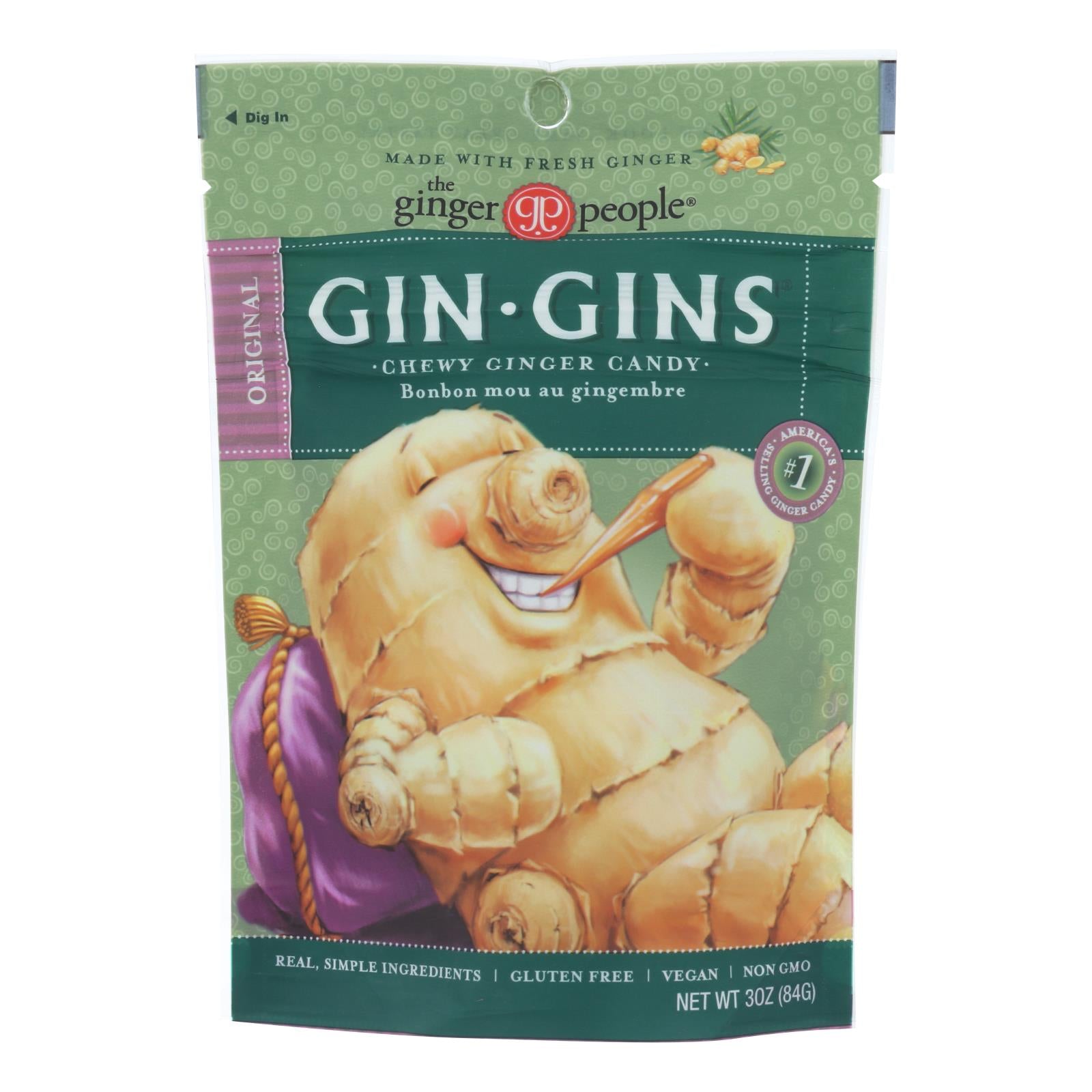 Ginger People - Gin Gins Chewy Ginger Candy - Original - Case of 12 - 3 Ounce.