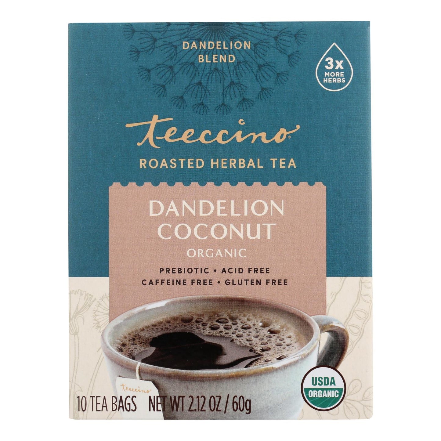 Teeccino Organic Chircory Herbal Tea - Dandelion Coconut - Case of 6 - 10 BAG