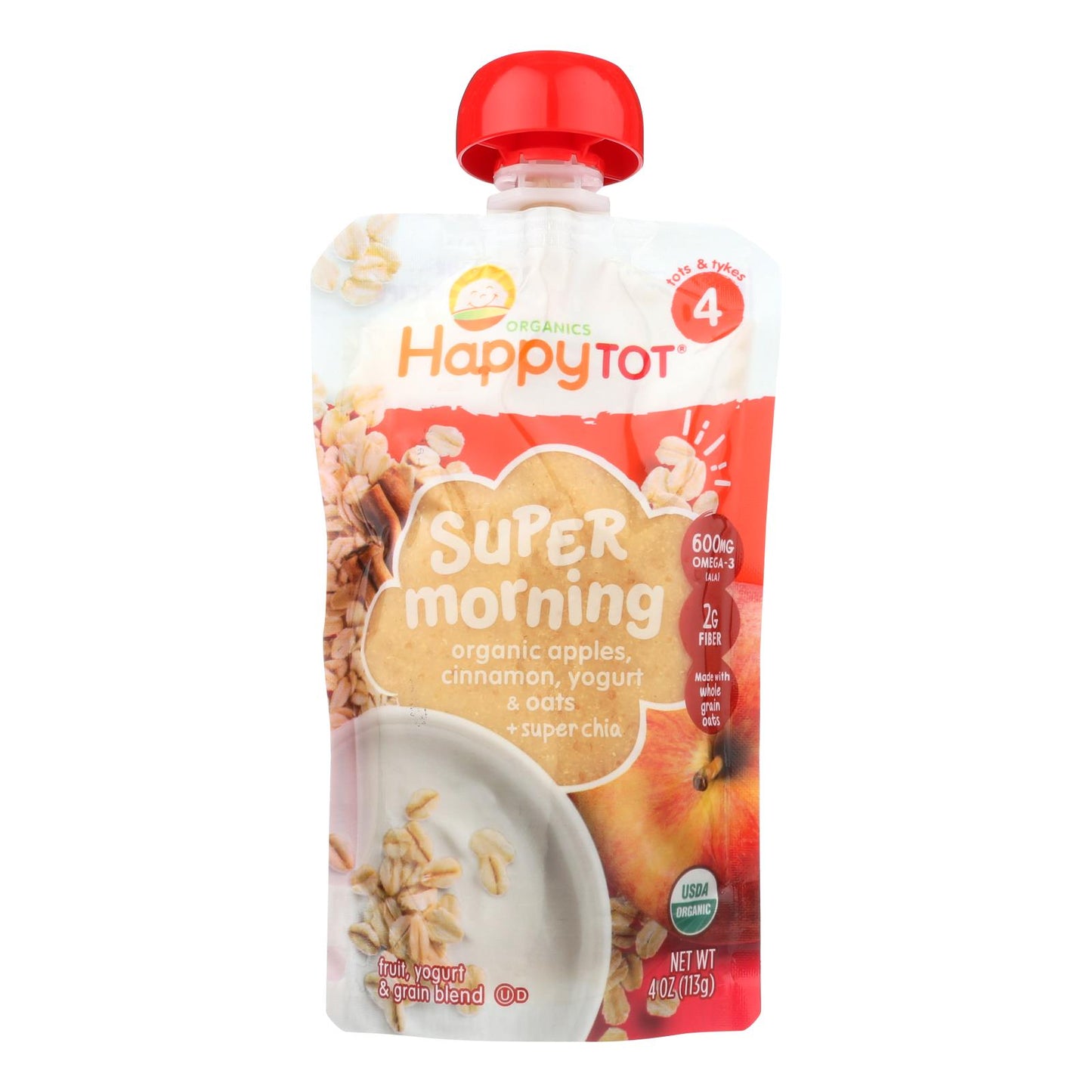 Happy Tot Super Morning Organic Apples, Cinnamon, Yogurt And Oats + Super Chia  - Case of 16 - 4 Ounce