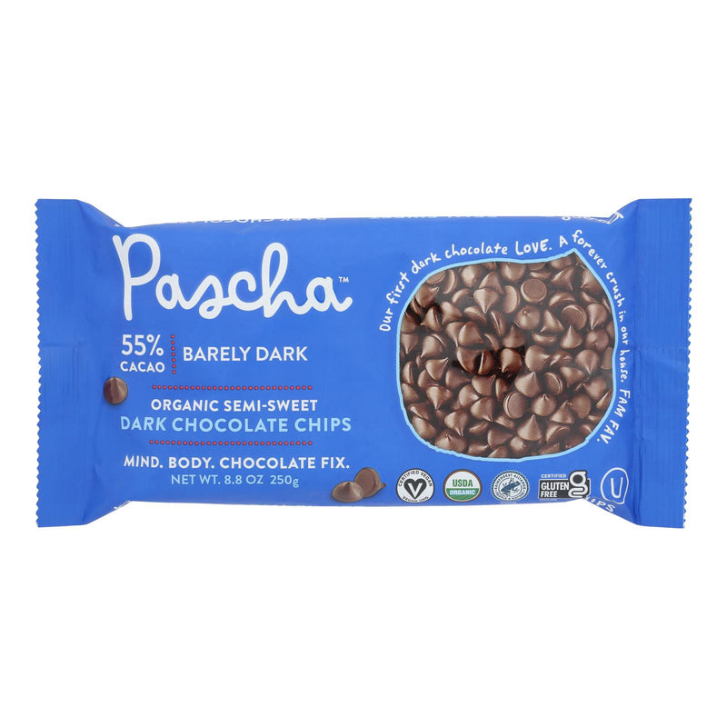 Pascha Chocolate Chips - Semi - Sweet Dark - Case of 6 - 8.8 Ounce.