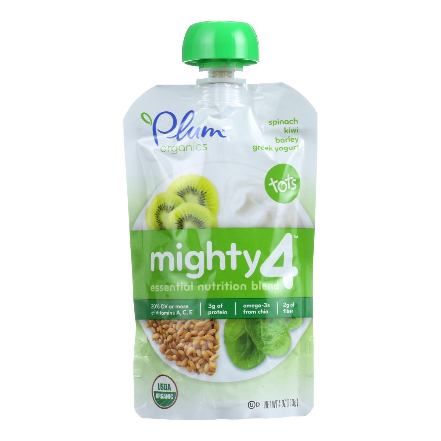 Plum Organics Essential Nutrition Blend - Mighty 4 - Spinach Kiwi Barley Greek Yogurt - 4 Ounce - Case of 6