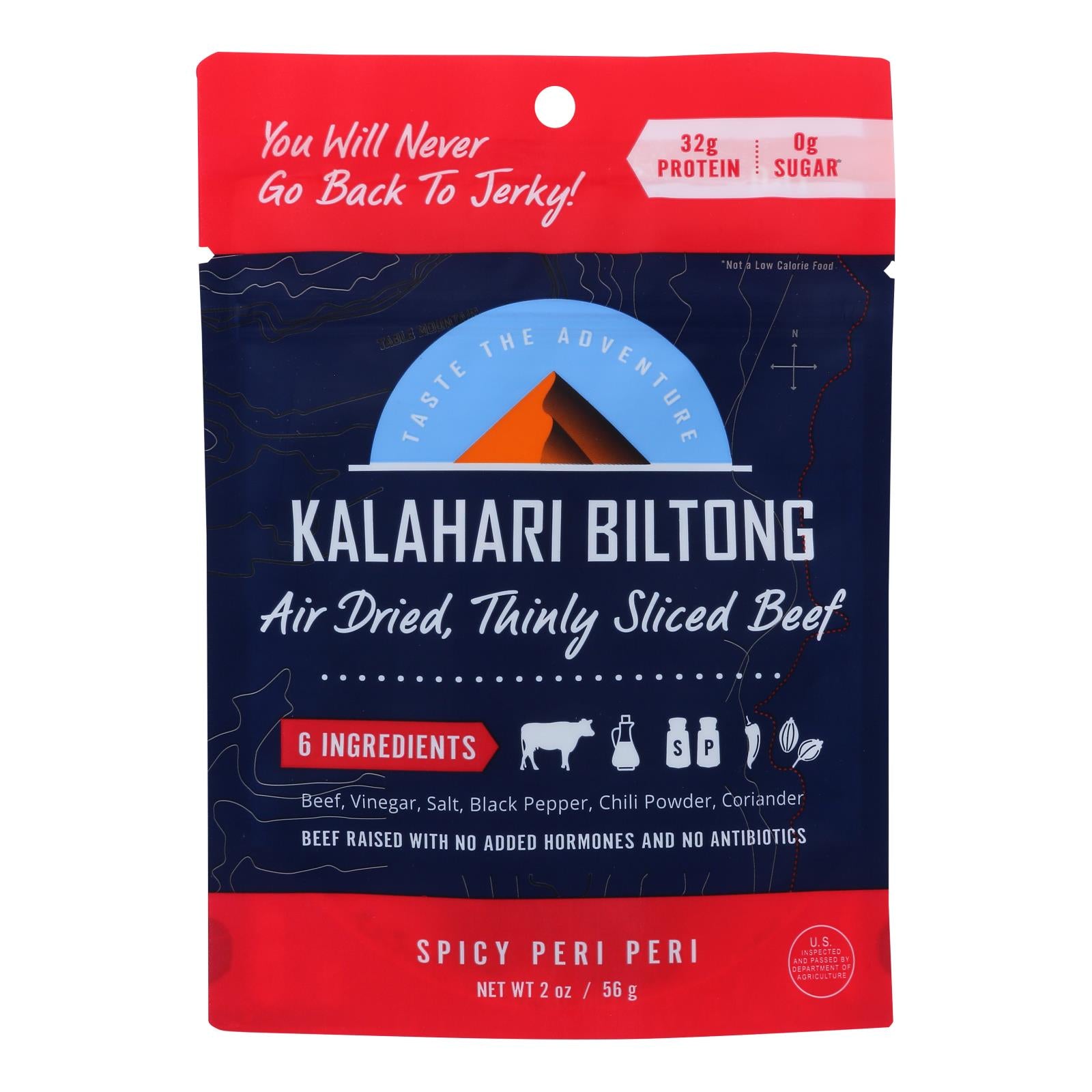 Kalahari Biltong Spicy Peri Peri Air-Dried Sliced Beef - Case of 8 - 2 Ounce