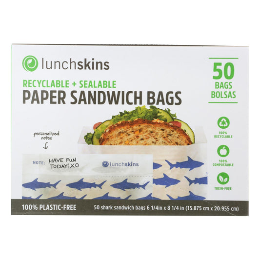 Lunchskins - Recyclable and Sealable Paper Sandwich Bags - Shark - Case of 12 - 50 Count