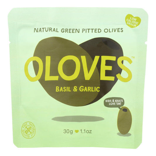 Oloves Green Pitted Olives - Basil and Garlic - Case of 10 - 1.1 Ounce.