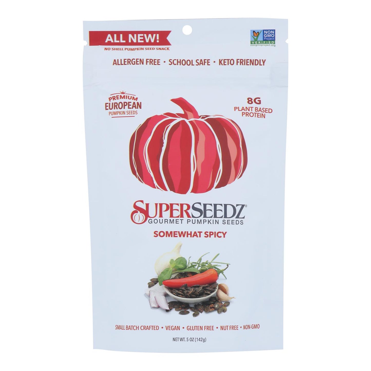 Superseedz Gourmet Pumpkin Seeds - Somewhat Spicy - Case of 6 - 5 Ounce.