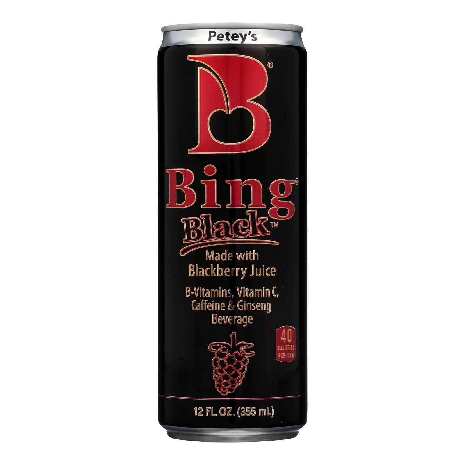 Petey's Bing Black B-Vitamins Vitamin C Caffeine & Ginseng Beverage  - Case of 24 - 12 Fluid Ounce