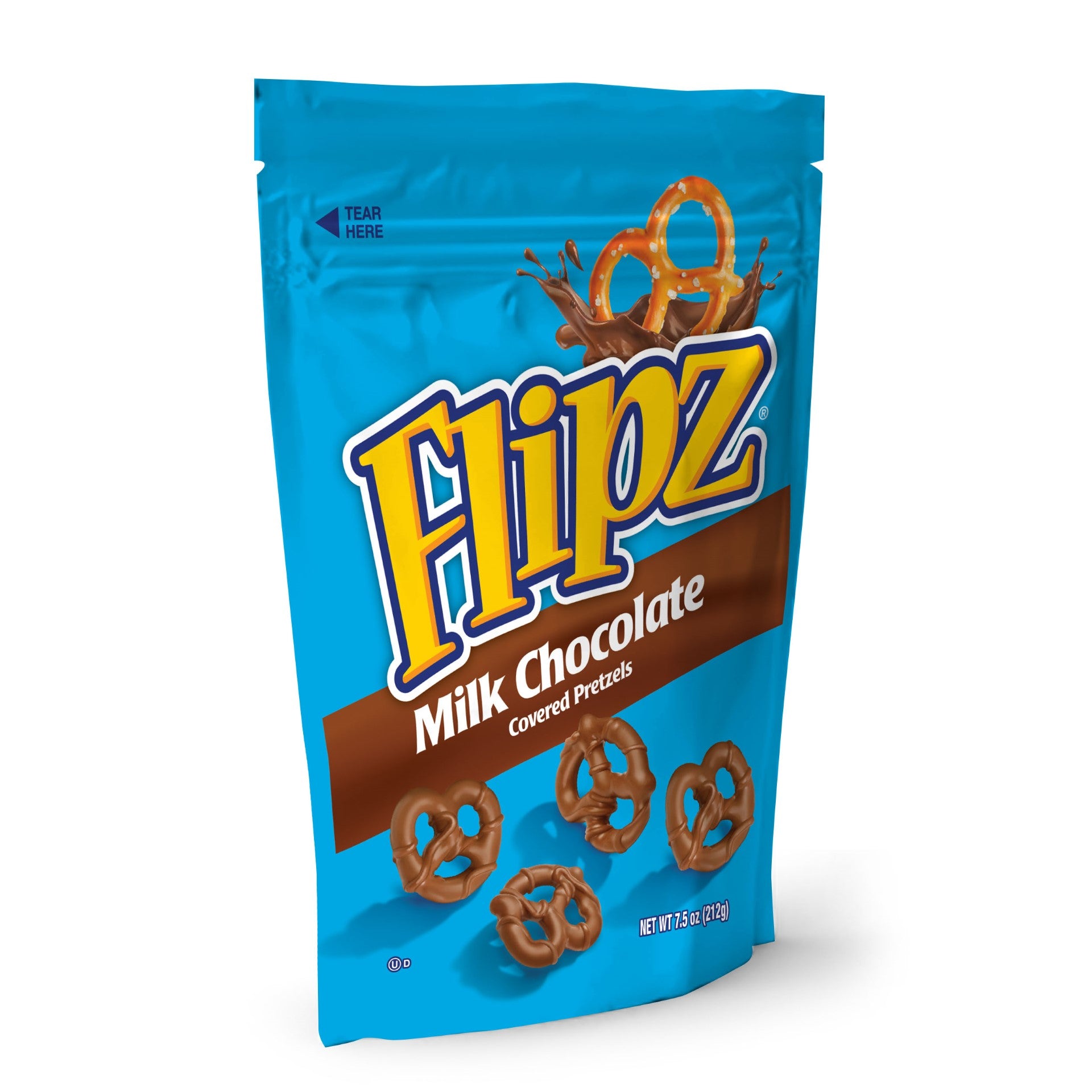 Flipz Milk Chocolate Pretzel Stand Uppouch 7.5 Ounce Size - 8 Per Case.