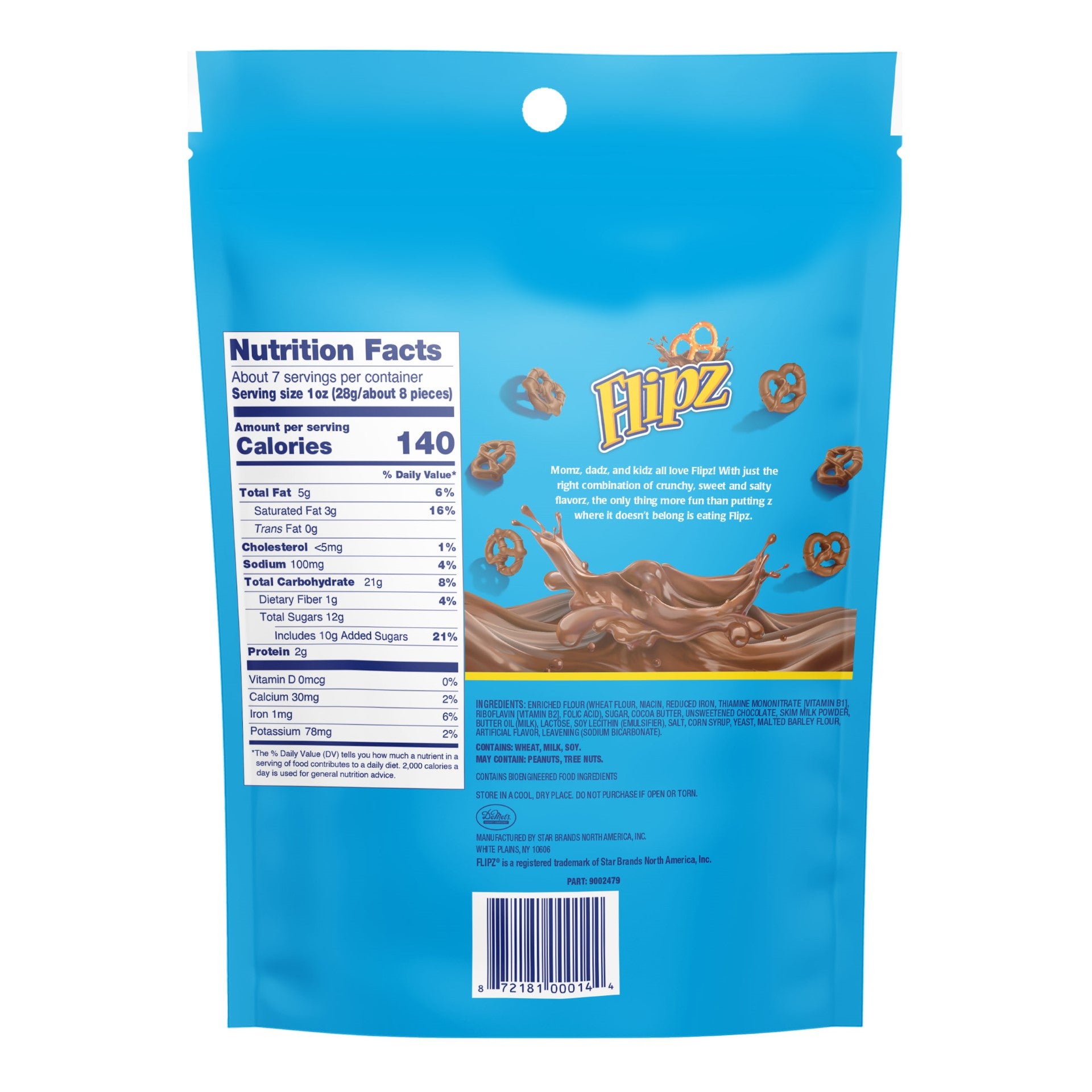 Flipz Milk Chocolate Pretzel Stand Uppouch 7.5 Ounce Size - 8 Per Case.