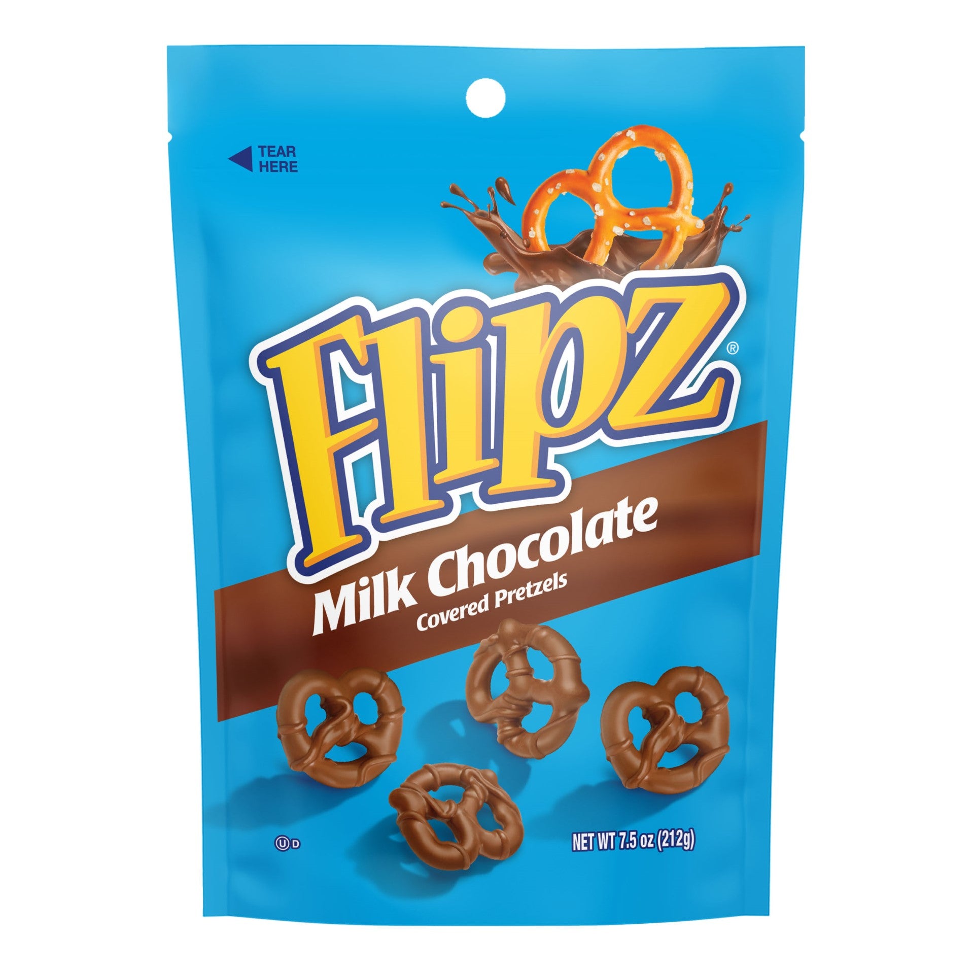 Flipz Milk Chocolate Pretzel Stand Uppouch 7.5 Ounce Size - 8 Per Case.