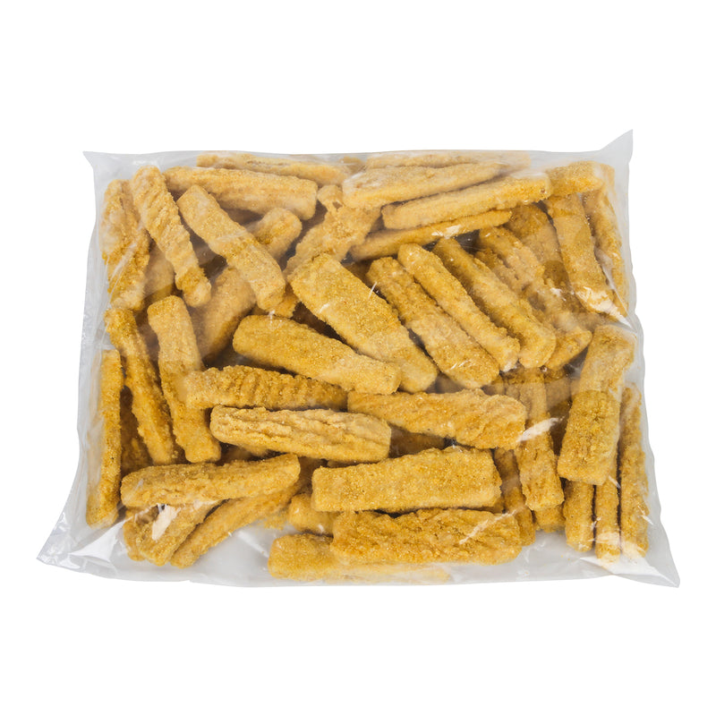 Prefried Cornmeal Breaded Pollock Strips Kosher 5 Pound Each - 2 Per Case.