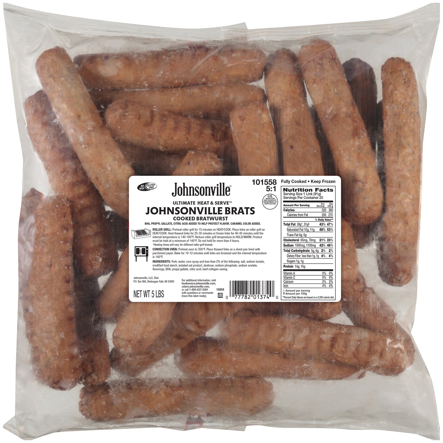 Johnsonville Cooked Heat & Serve Ultimate Bratwurst Pork Sausage Links 5 Pound Each - 2 Per Case.