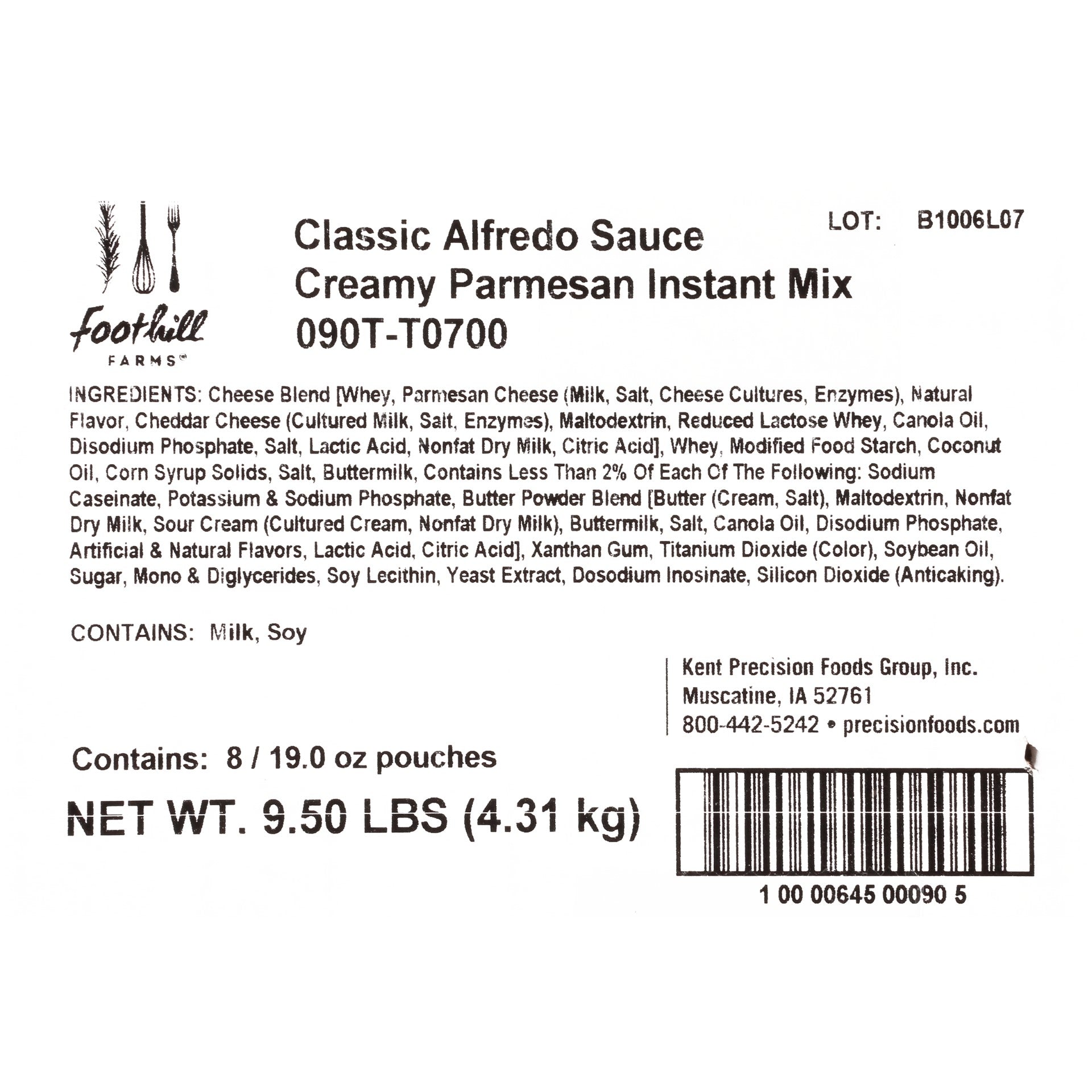 Foothill Farms Classic Alfredo Sauce Creamy Parmesan Instant Mix 19 Ounce Size - 8 Per Case.