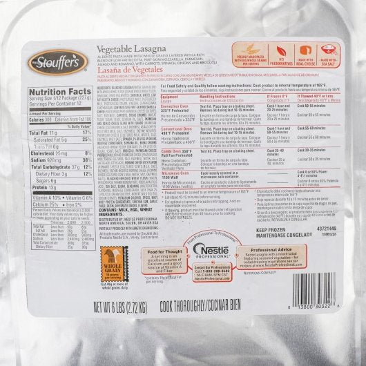 Stouffer's Vegetable Lasagna 6 Pound Each - 4 Per Case.