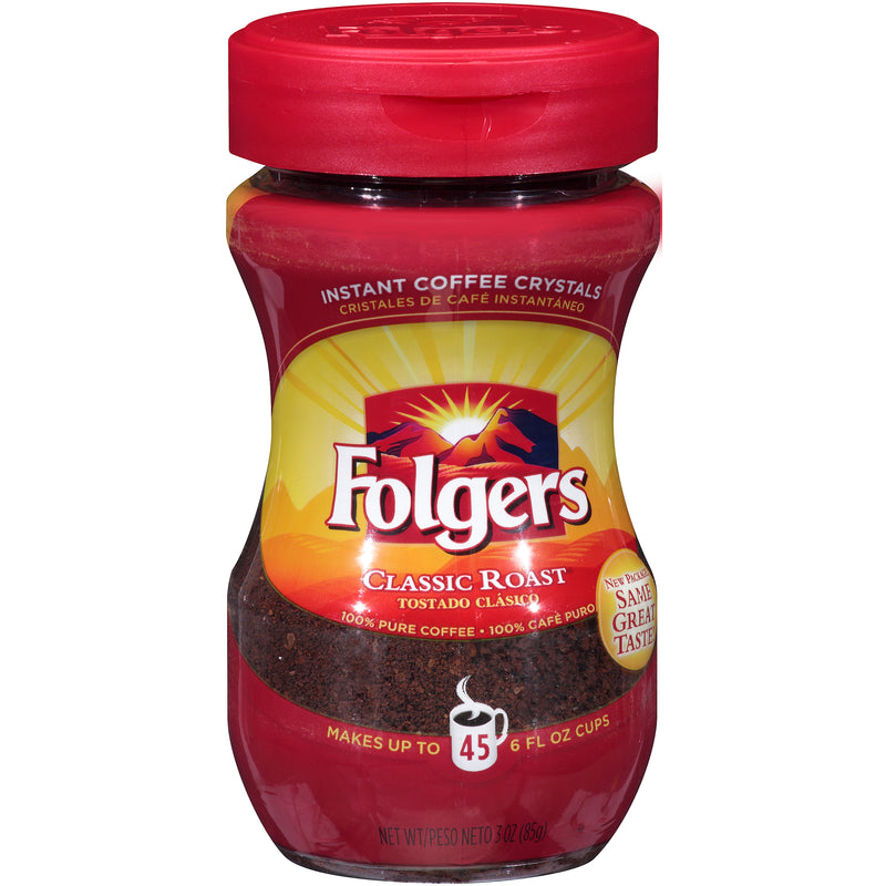 Folgers Caffeinated Instant Regular 3 Ounce Size - 12 Per Case.