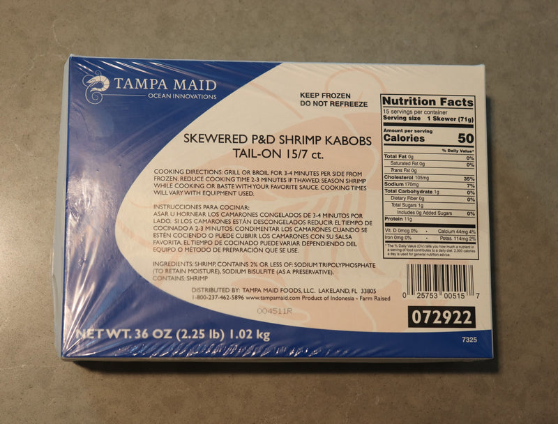 Tampa Maid Peeled & Deveined Raw Skewered Shrimp 7 Count 15 Per Box - 4 Per Case.