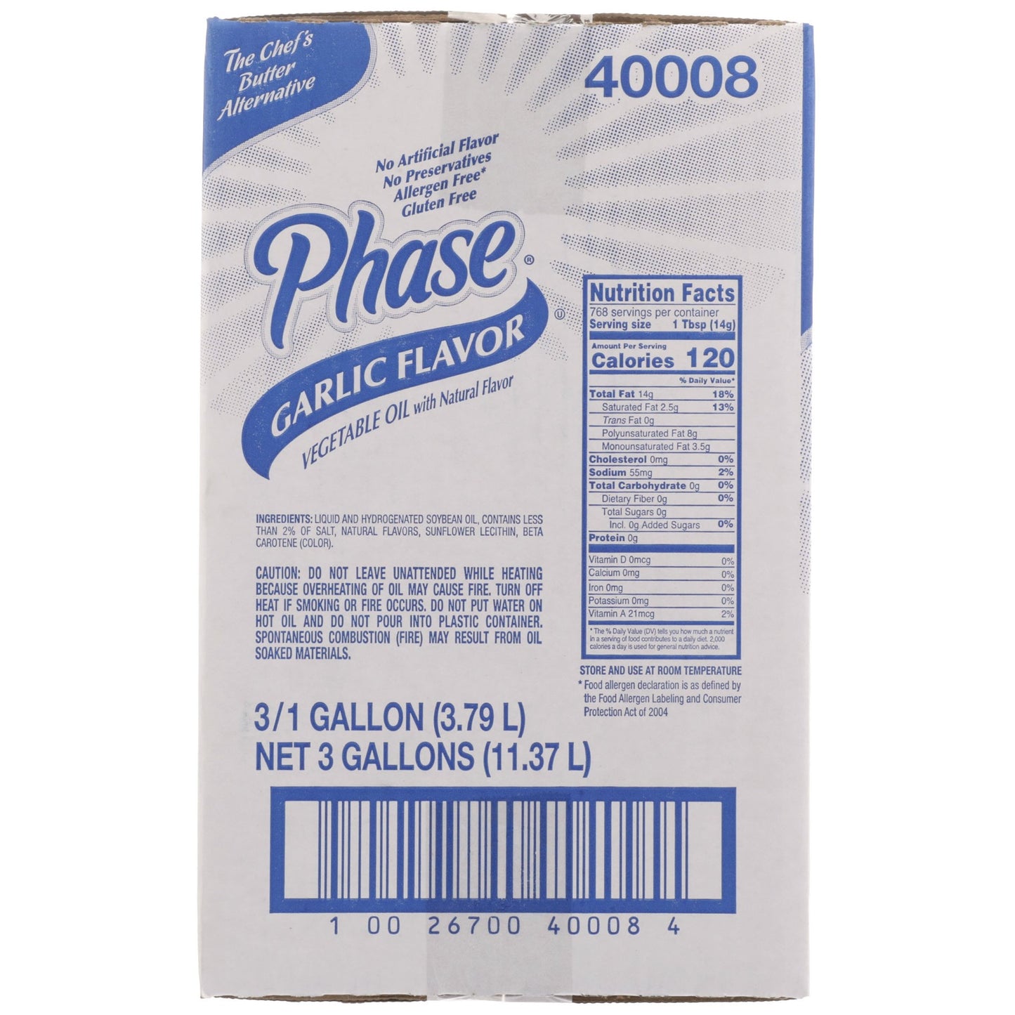 Phase Garlic Flavored Vegetable Oil With Artificial Butter Flavor Ga 1 Gallon - 3 Per Case.