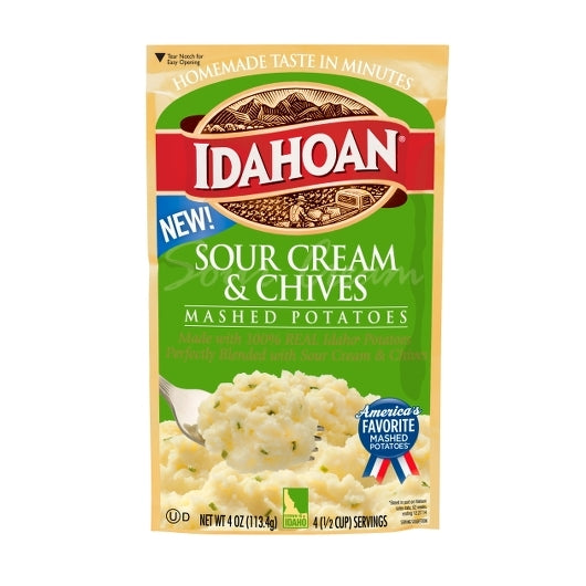 Idahoan Sour Cream & Chives Mashed Potatoes Pouch 4 Ounce Size - 12 Per Case.