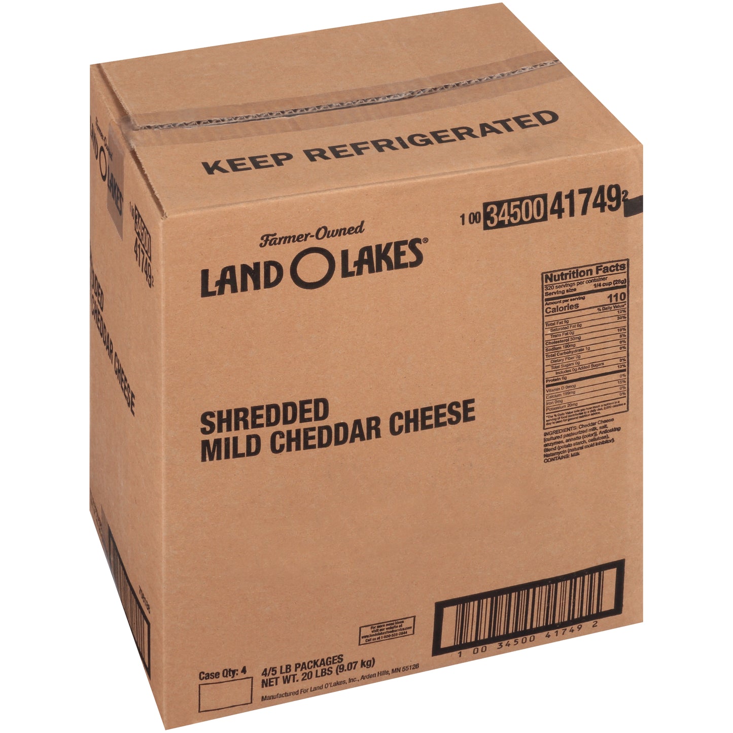 Land-O-Lakes® Shredded Mild Cheddar 5 Pound Each - 4 Per Case.