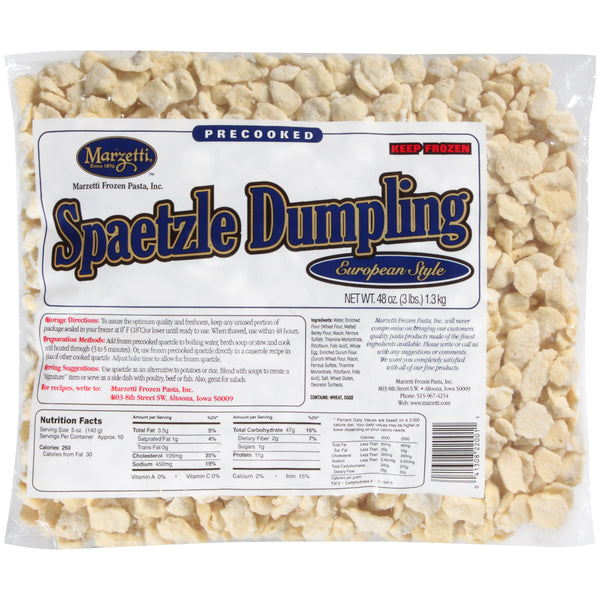 Marzetti Frozen Pasta IQF Precooked Spaetzle Dumplings 3 Pound Each - 4 Per Case.