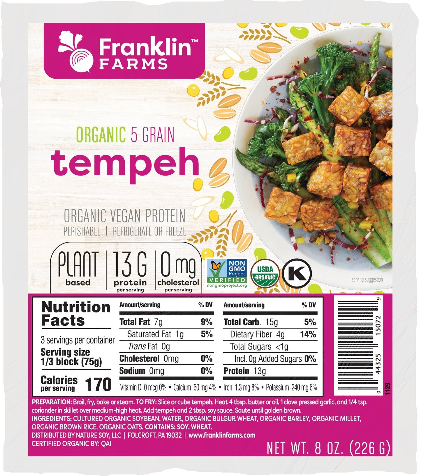 Franklin Farms Tempeh Five Grain 8 Ounce Size - 12 Per Case.