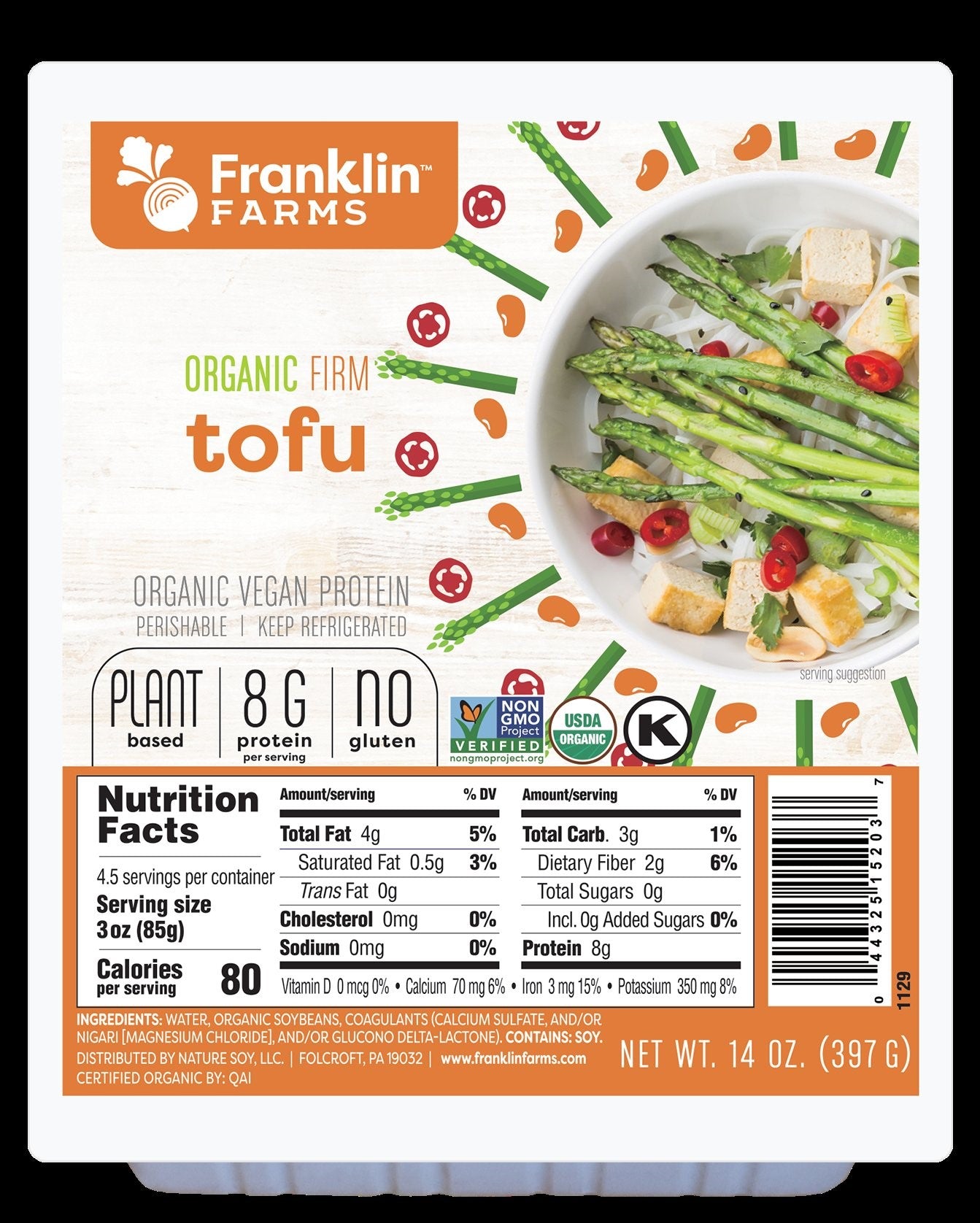 Franklin Farms Organic Firm Tofu 14 Ounce Size - 6 Per Case.