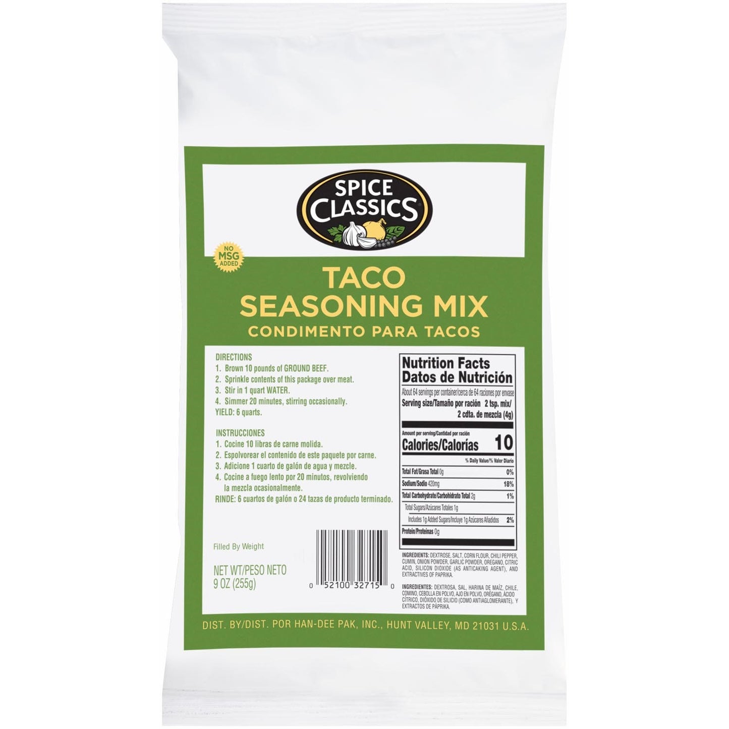 Spice Classics Taco Seasoning 9 Ounce Size - 6 Per Case.