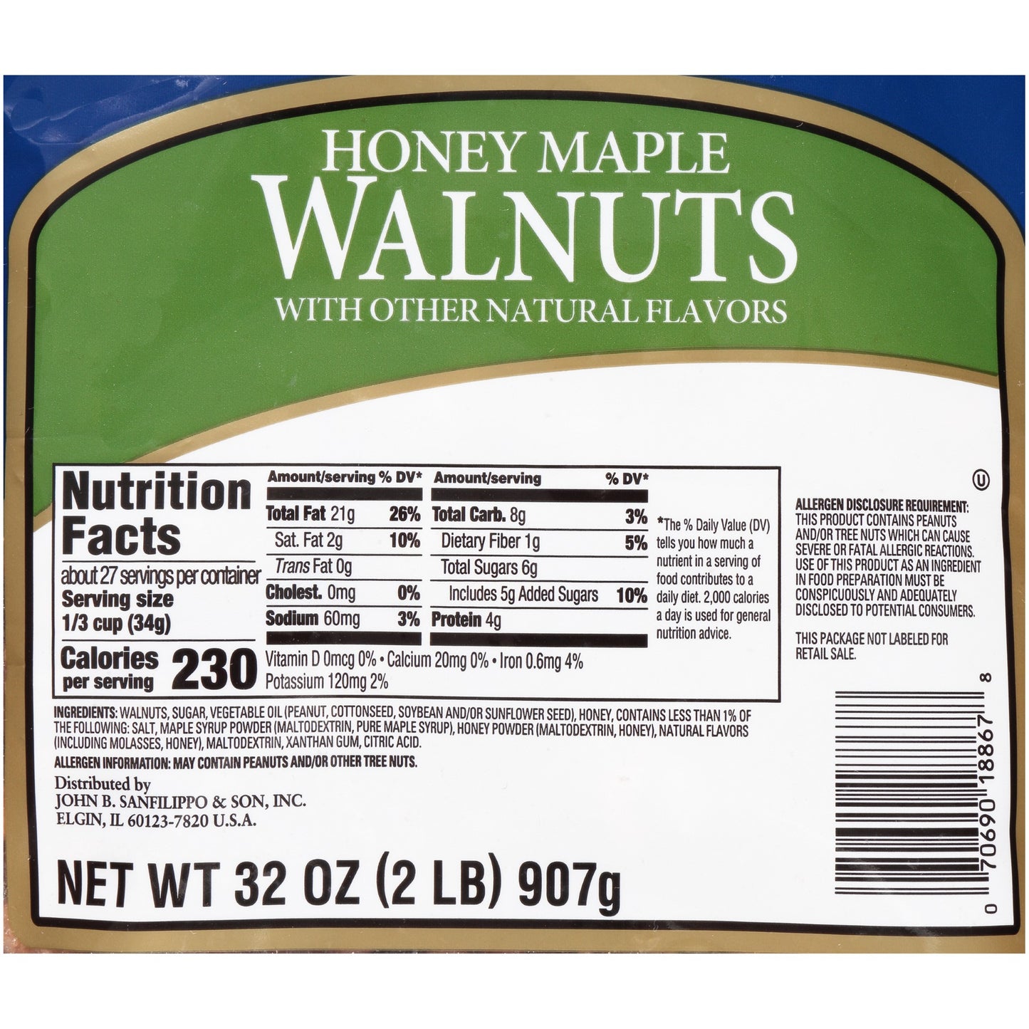 Fisher Honey Maple Walnut Halves And Pieces 32 Ounce Size - 3 Per Case.