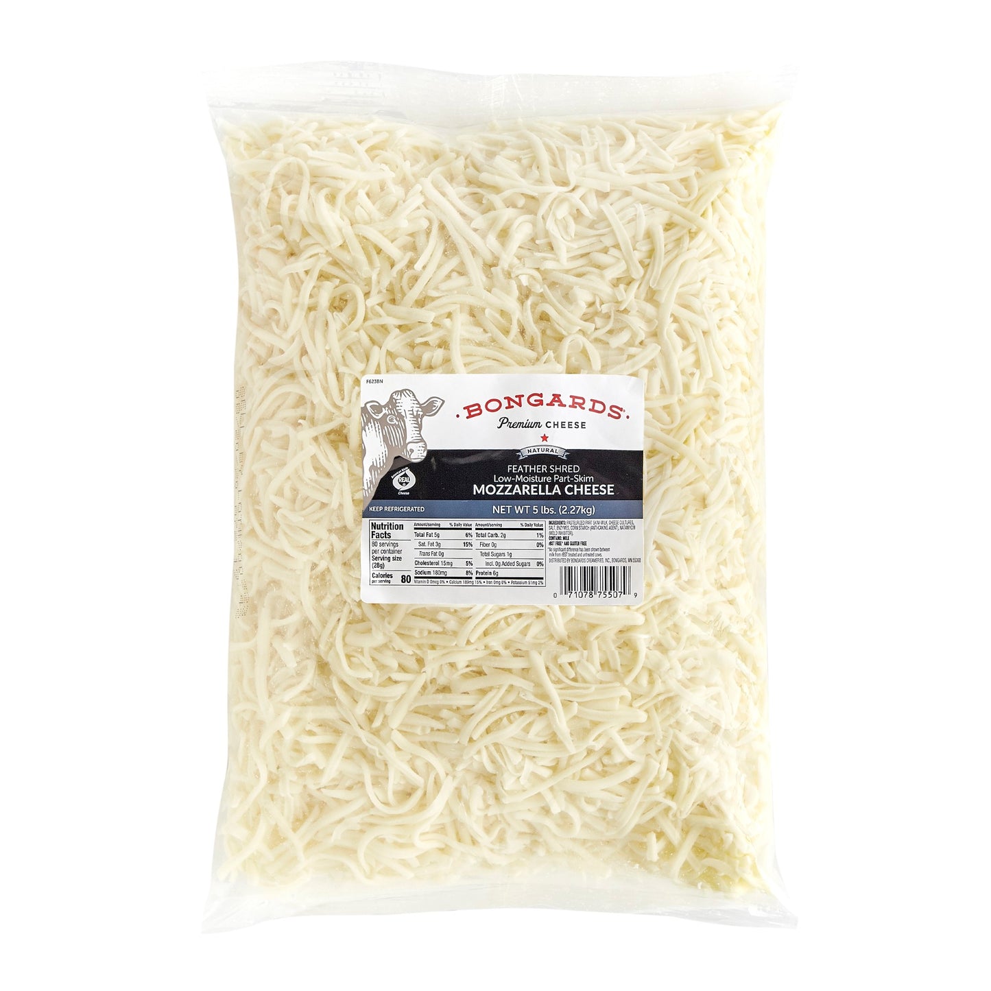 Bongards Cheese Low Moisture Part Skim Mozzarella Feather Shred 5 Pound Each - 4 Per Case.