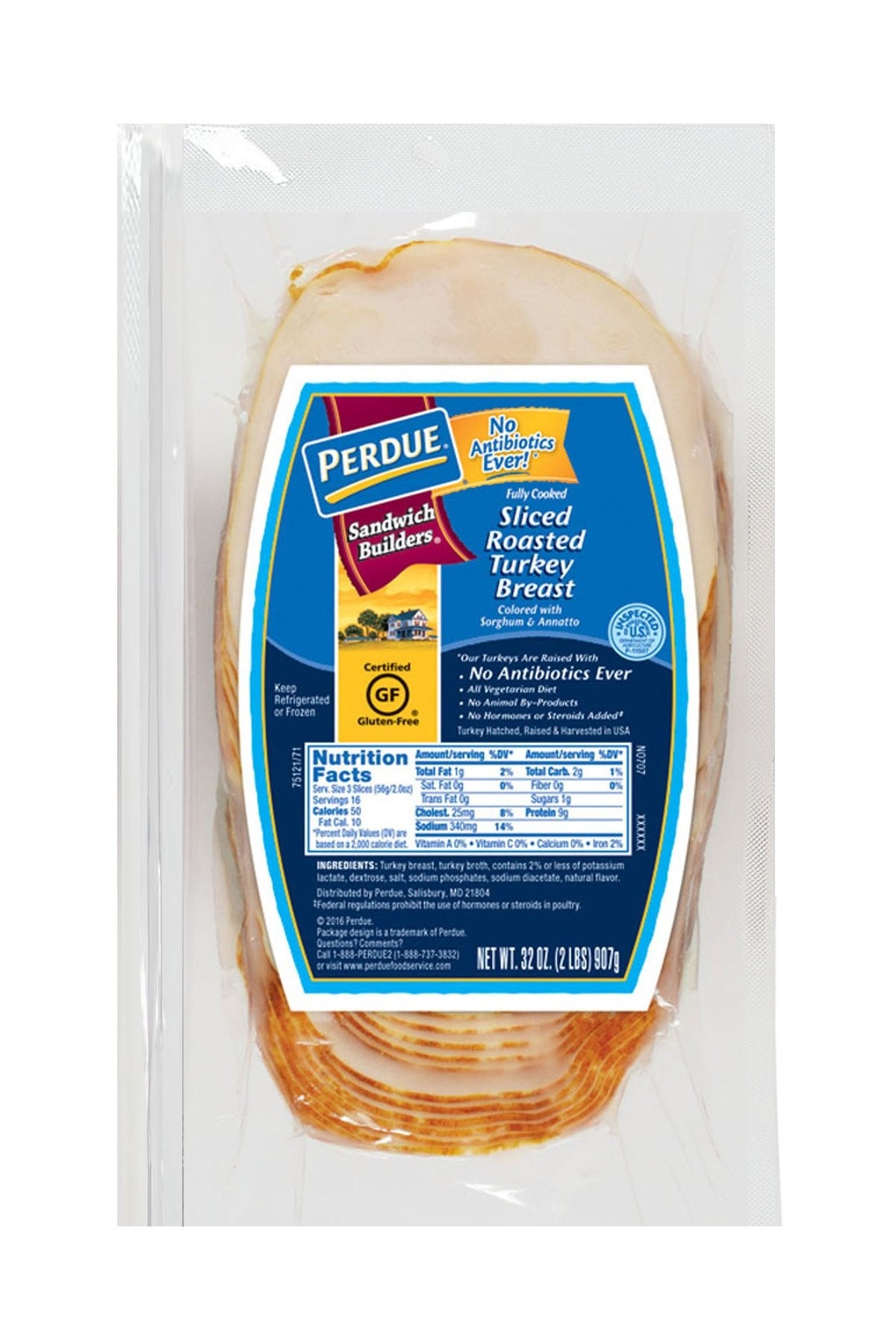 Perdue No Antibiotics Ever Sandwich Builders .67 Ounce Oven Roasted Sliced Turkey Breast, 2 Pounds, 6 per case