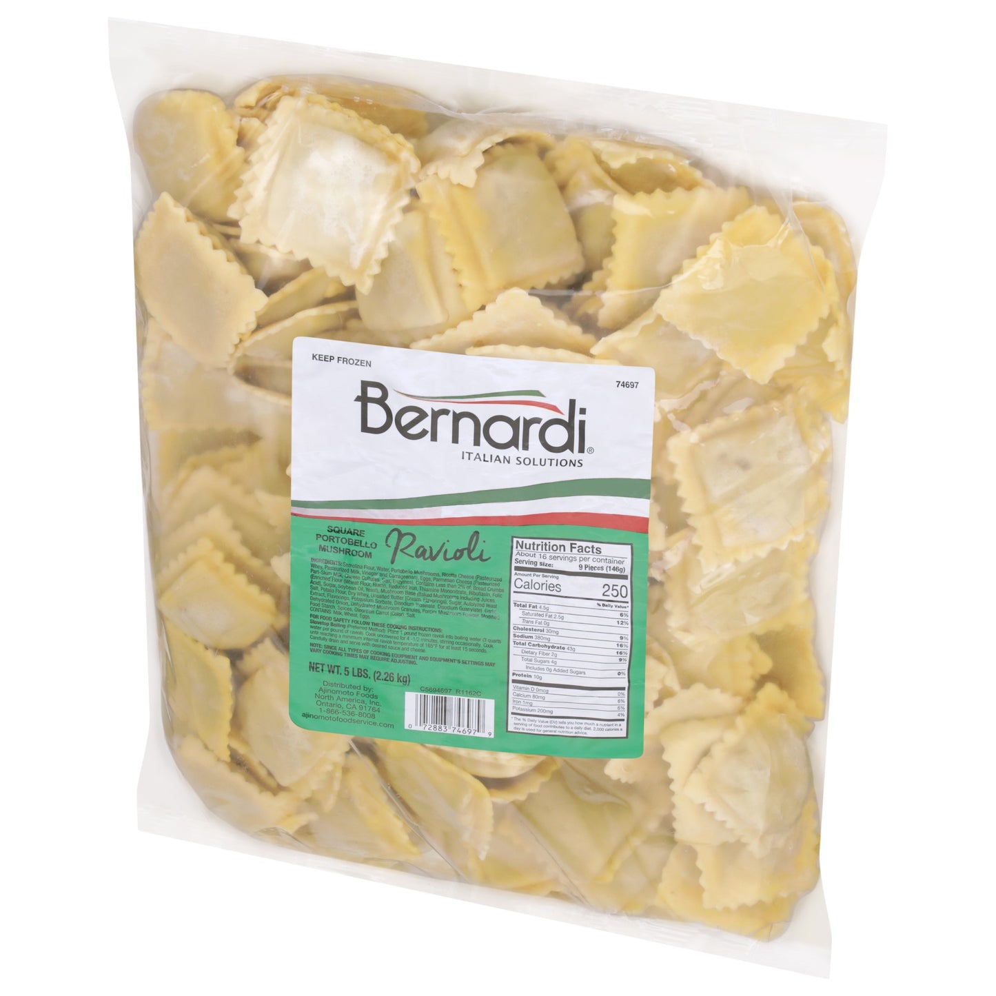 Bernardi Square Portobello Mushroom Ravioli Bags 5 Pound Each - 2 Per Case.