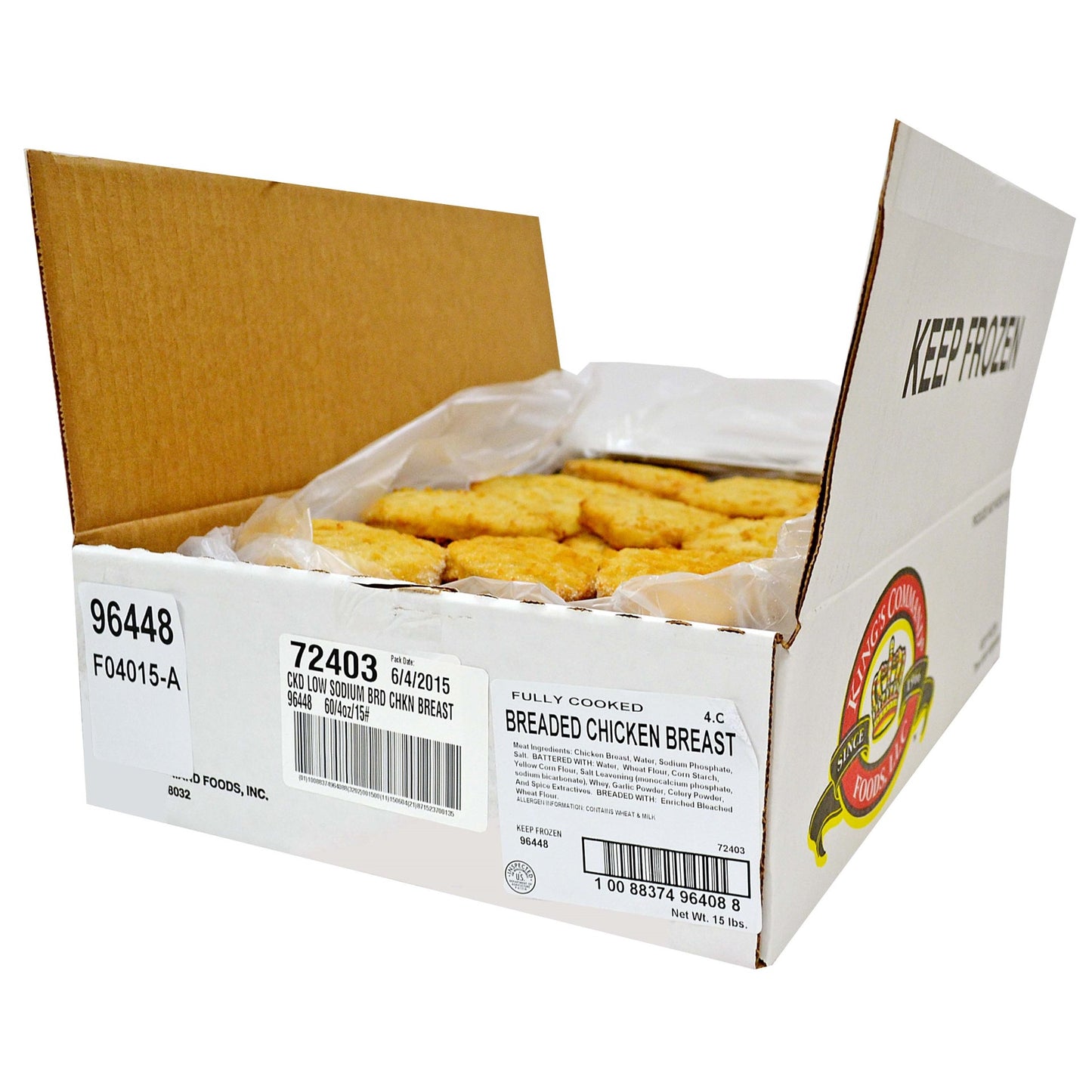 Fully Cooked Reduced Sodium Breaded Chicken Breast Patties Bulk 4 Ounce Size - 60 Per Case.