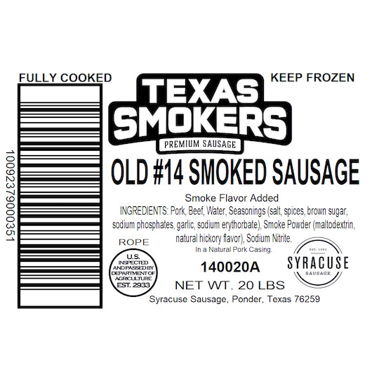 Old Smoked Sausage Rope 20 Pound Each - 1 Per Case.