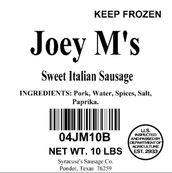 Sweet Italian Ground Bulk Uncooked Sausage 10 Pound Each - 1 Per Case.