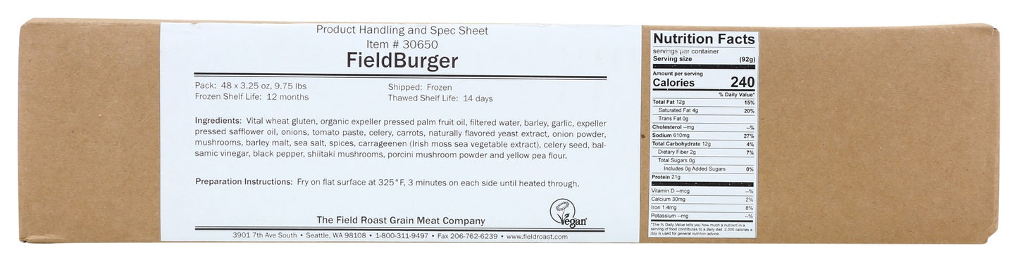 Field Roast Fieldburger 9.75 Pound Each - 1 Per Case.