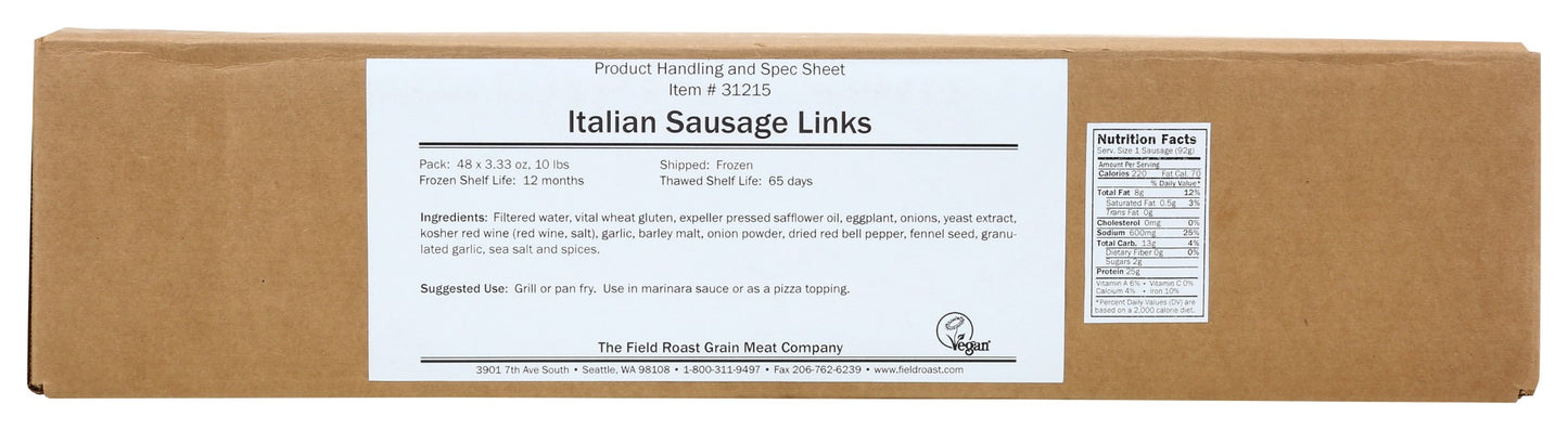 Field Roast Italian Sausage Links 10 Pound Each - 1 Per Case.